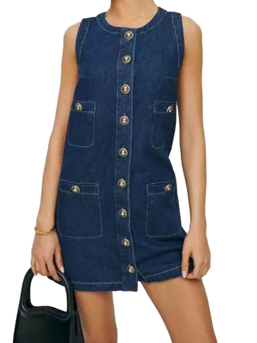 Reformation Tropez Denim Mini Dress Salinas Dark Wash Gold Button Retro Mod 0